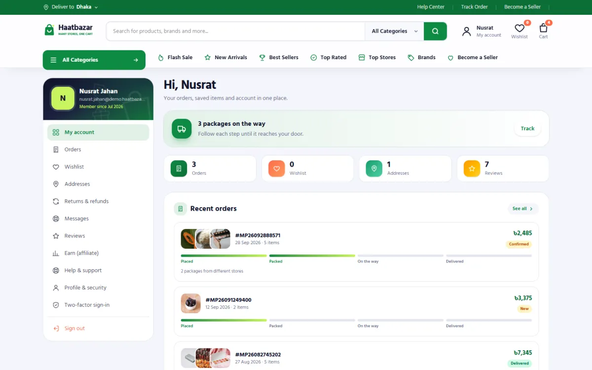 Customer account of Multi-Vendor Marketplace